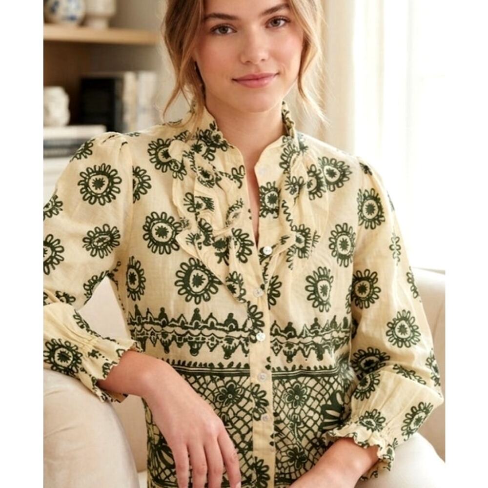 Adorable Fox & Hen Boho Cottagecore Indian Block Print Lightweight Blouse